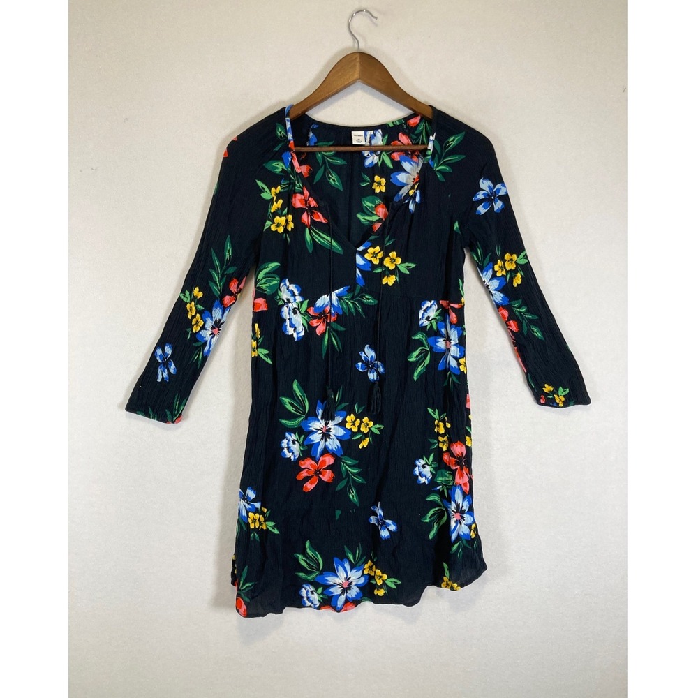 Boho‎ Floral Old Navy Womens XS Black Tropical Crinkle Gauze Tassel Mini Dress